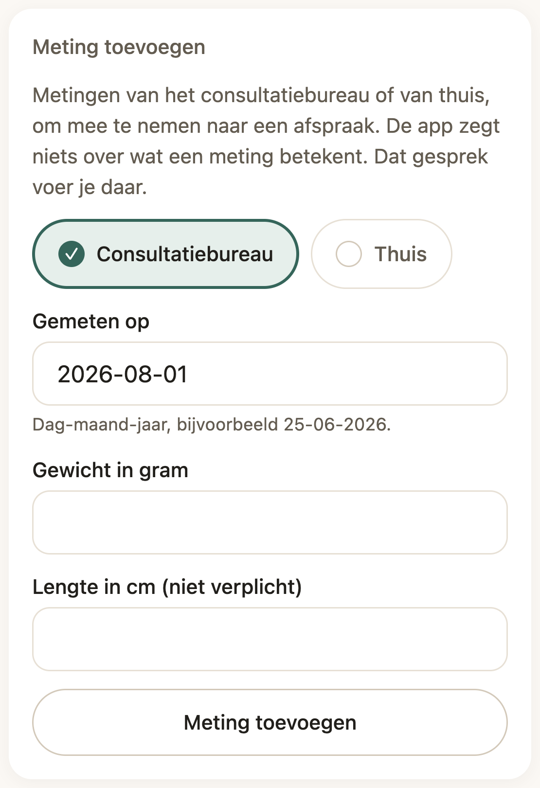 Het invoerformulier voor een meting in BabyTracker met de herkomst, de datum, het gewicht en de lengte
