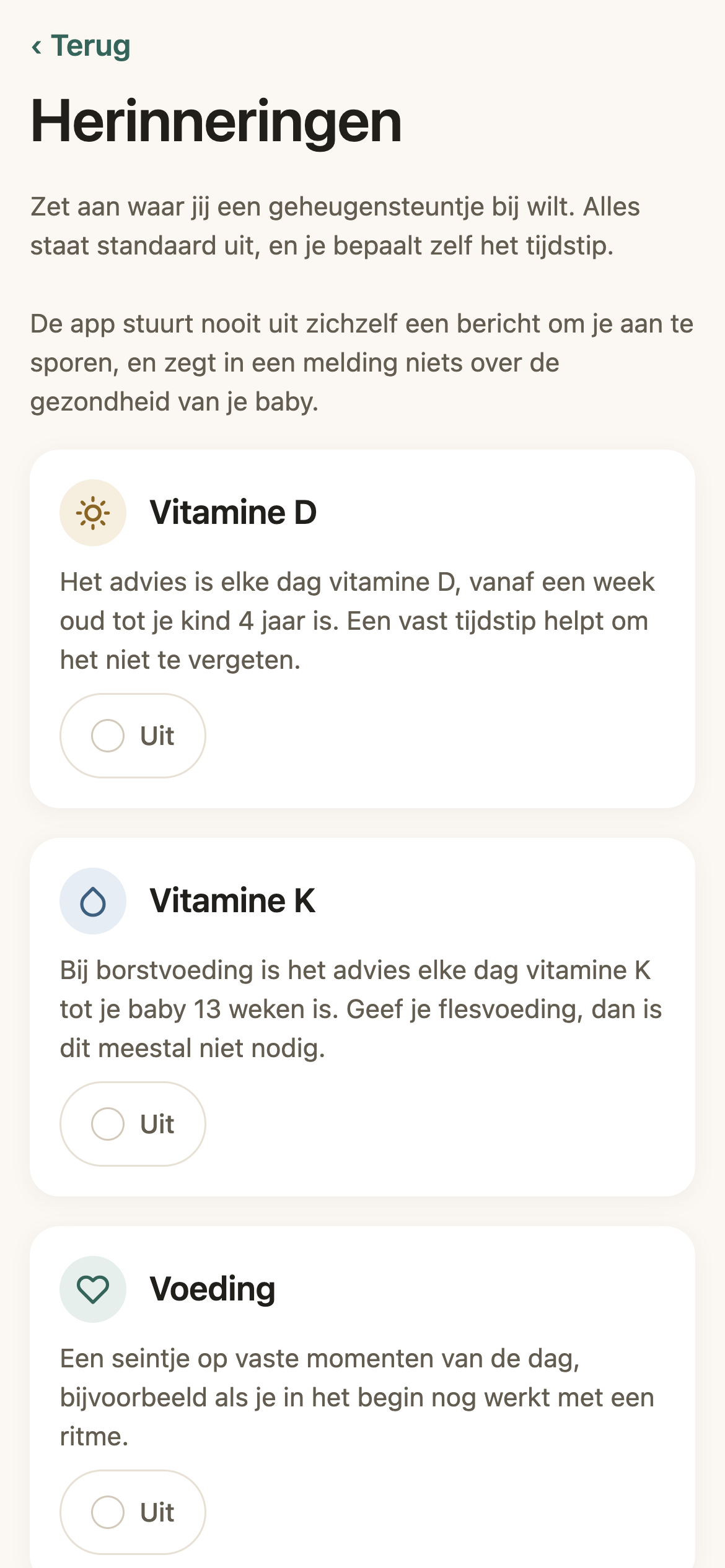 Het herinneringenscherm van BabyTracker met vitamine D, vitamine K en de stille uren