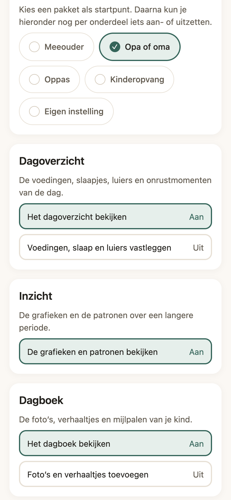 Het rechtenscherm van BabyTracker waarin je per persoon instelt wat diegene mag zien en invullen