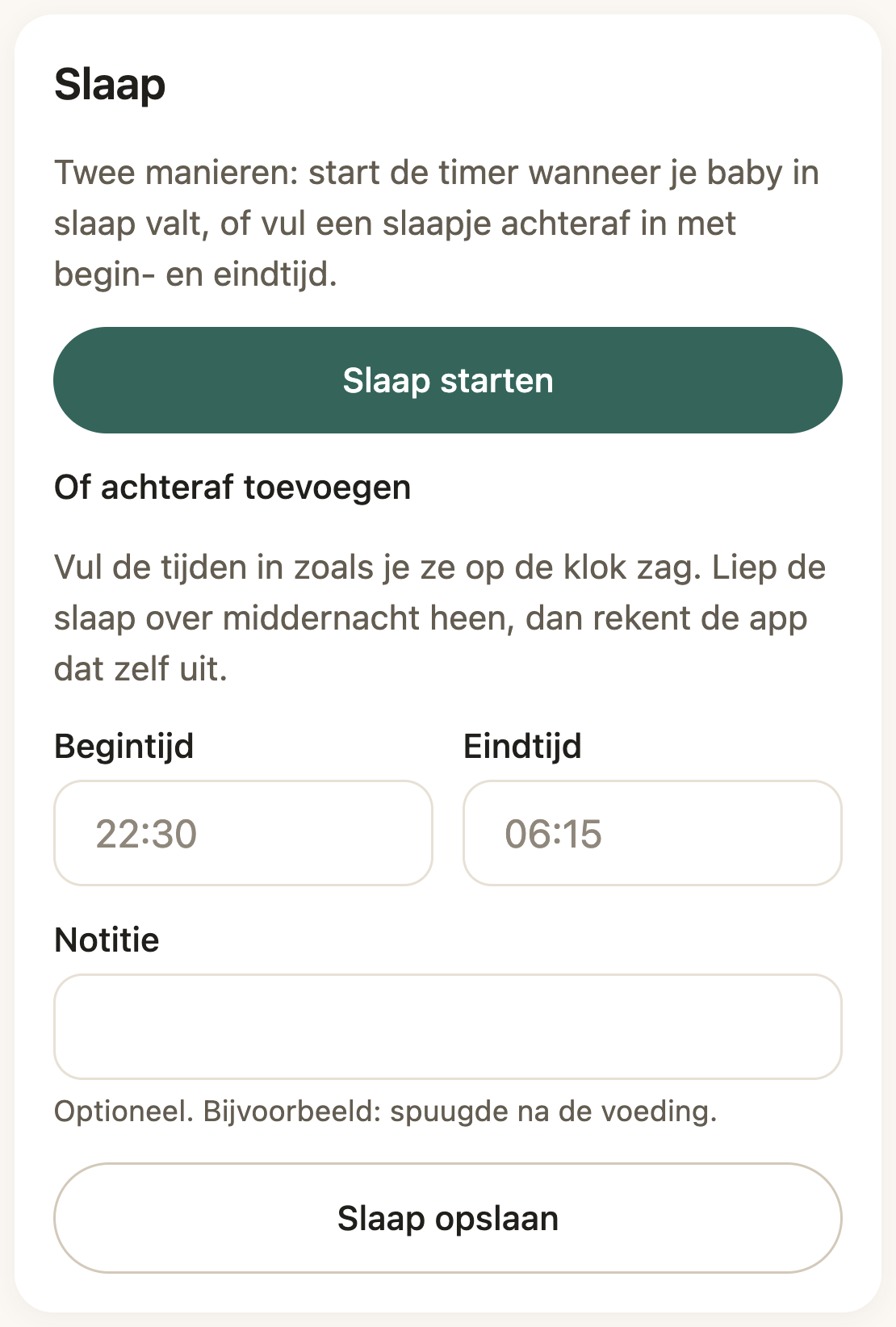 Het slaapscherm van BabyTracker met de knop Slaap starten en de velden voor begintijd en eindtijd