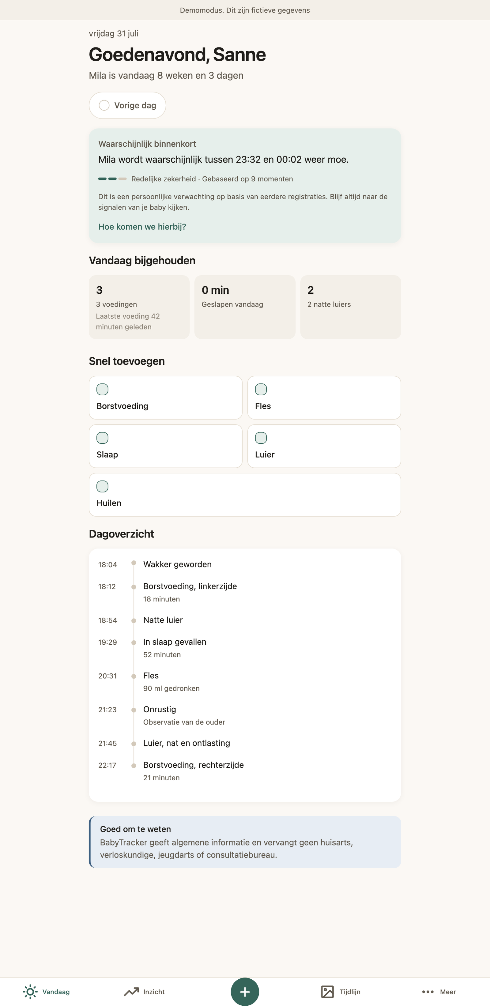 Het Vandaag-scherm van BabyTracker