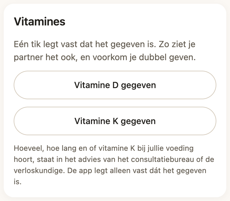 De vitaminekaart in BabyTracker met knoppen om vitamine D en K af te vinken
