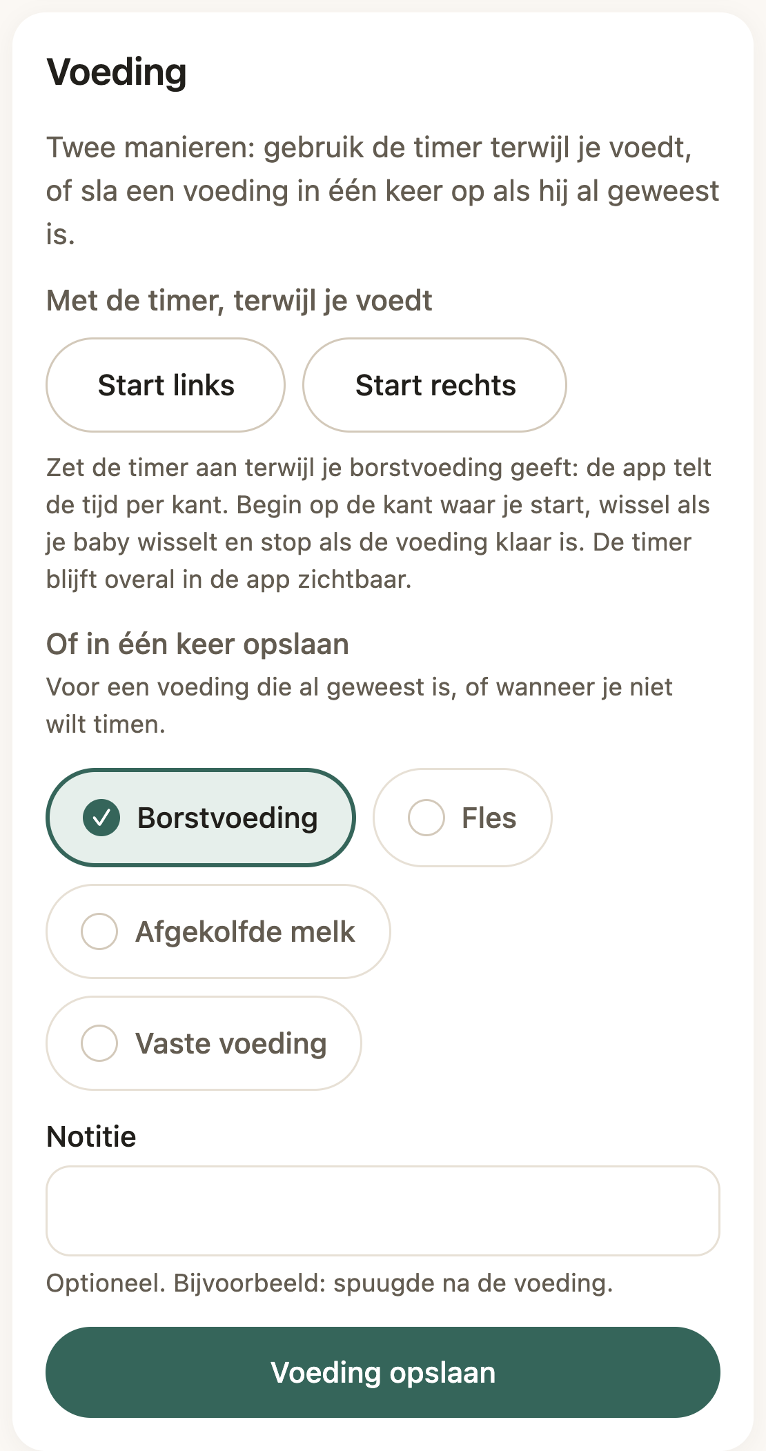 Het voedingsscherm van BabyTracker met de knoppen Start links en Start rechts