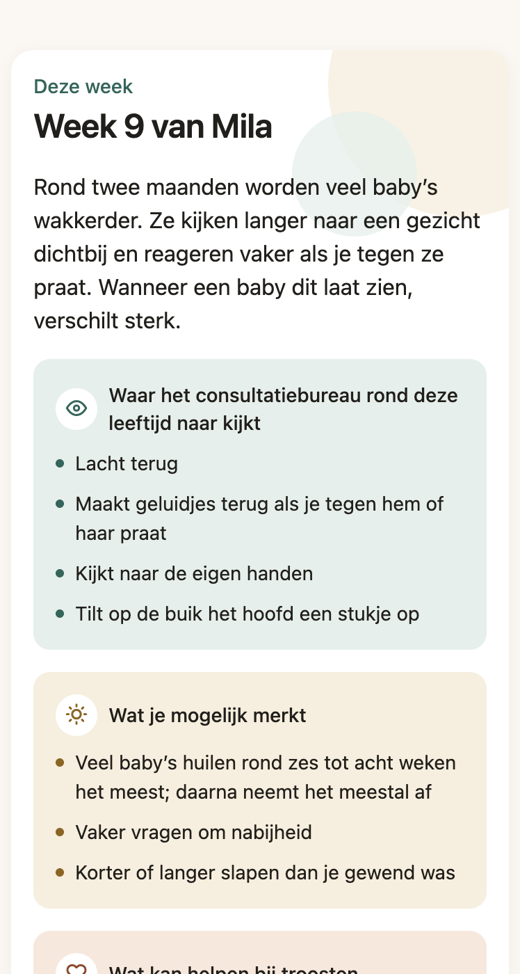 De weekkaart op het Vandaag-scherm van BabyTracker, met gekleurde blokken per onderwerp